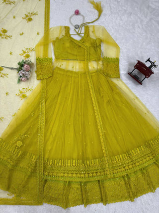 Lemon yellow Designer Butterfly Net Kediya Shrug Lehenga Set with Sequins & Thread Work ClothsVilla
