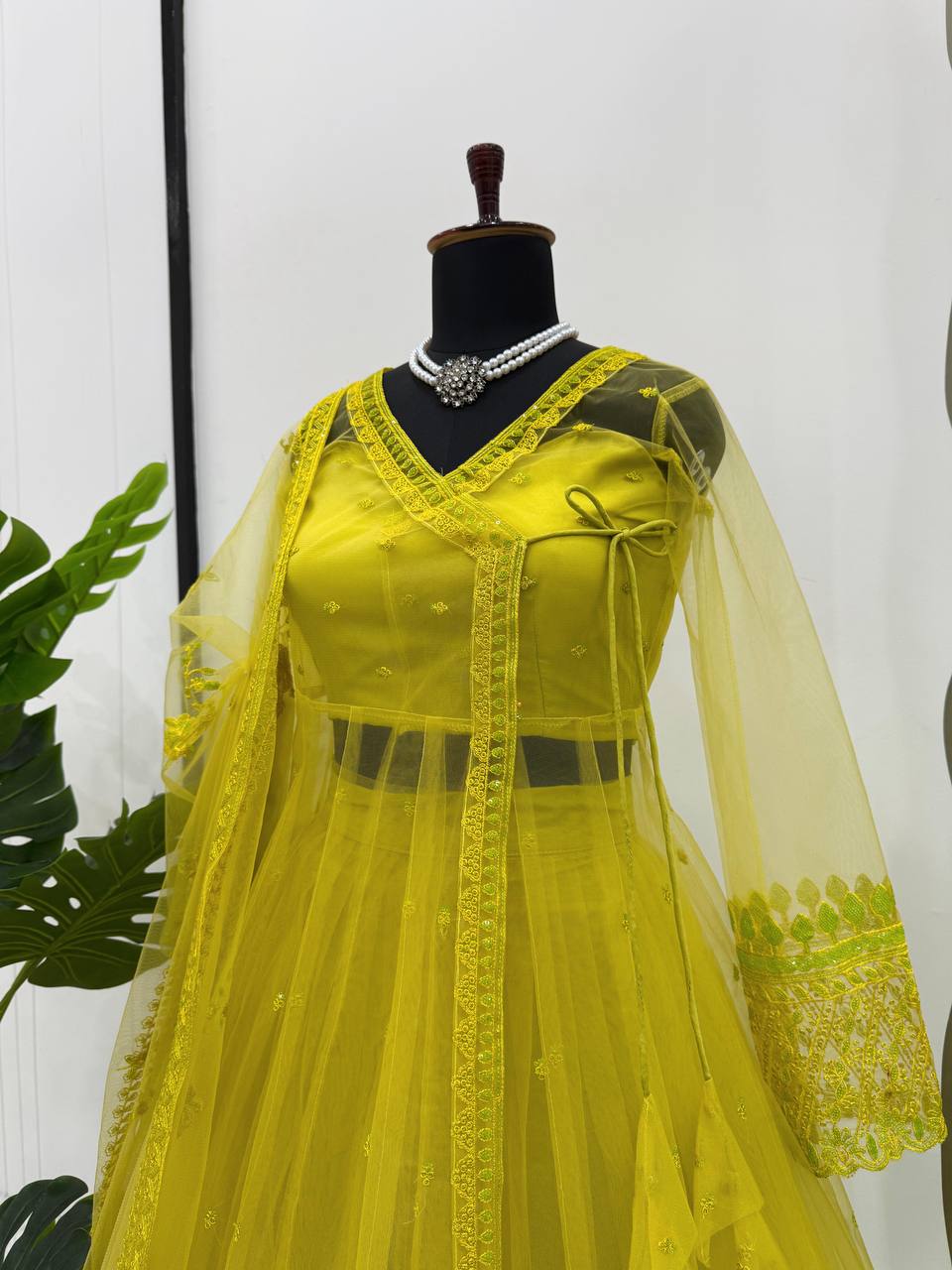 Lemon yellow Designer Butterfly Net Kediya Shrug Lehenga Set with Sequins & Thread Work ClothsVilla