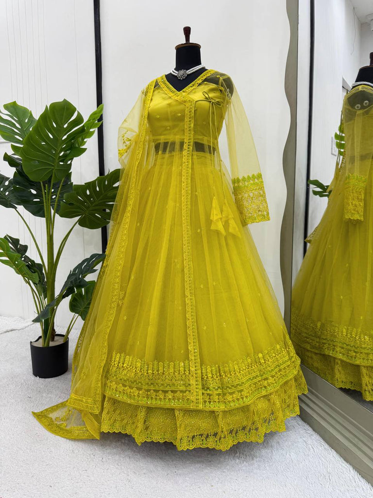 Lemon yellow Designer Butterfly Net Kediya Shrug Lehenga Set with Sequins & Thread Work ClothsVilla