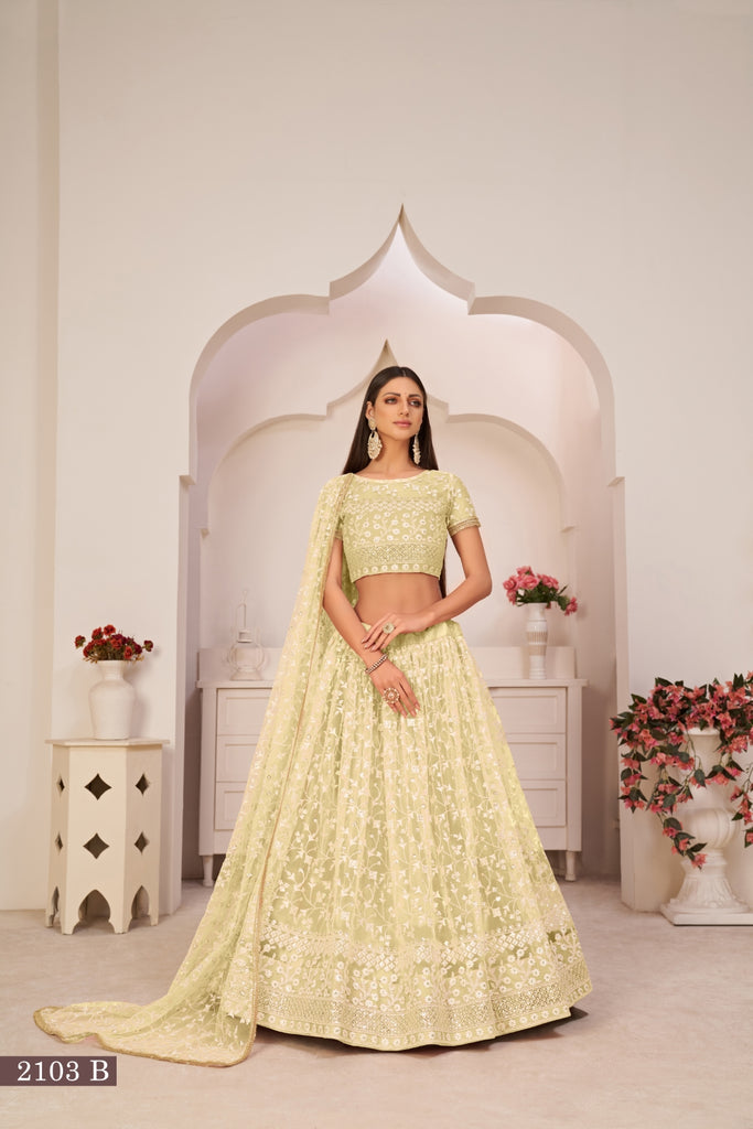 Lemon Yellow Elegant Butterfly Net Lehenga with Intricate Embroidery ClothsVilla