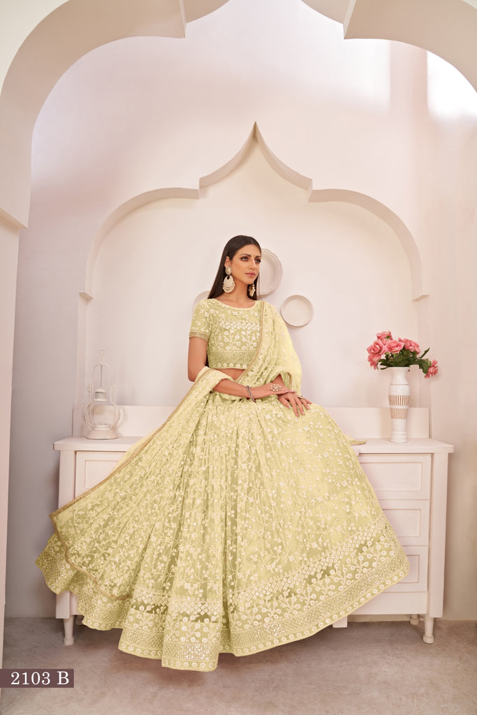 Lemon Yellow Elegant Butterfly Net Lehenga with Intricate Embroidery ClothsVilla