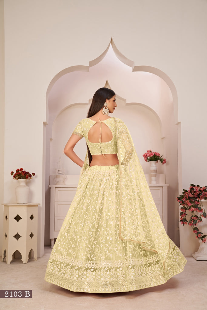 Lemon Yellow Elegant Butterfly Net Lehenga with Intricate Embroidery ClothsVilla