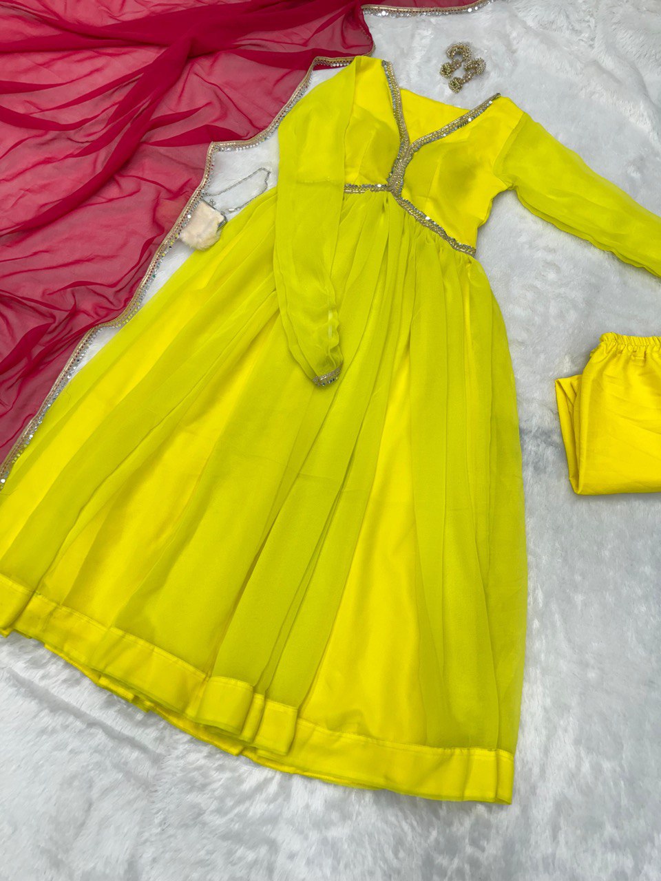Lemon Yellow Rakhi Special Georgette Anarkali Suit with Real Mirror Lace