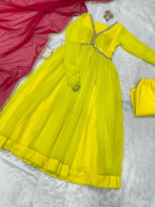 Lemon Yellow Rakhi Special Georgette Anarkali Suit with Real Mirror Lace