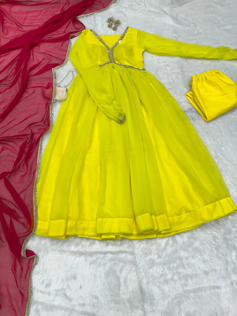 Lemon Yellow Rakhi Special Georgette Anarkali Suit with Real Mirror Lace