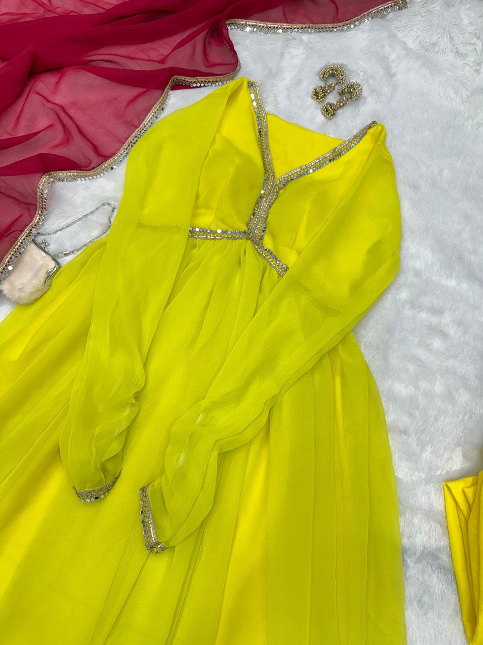Lemon Yellow Rakhi Special Georgette Anarkali Suit with Real Mirror Lace