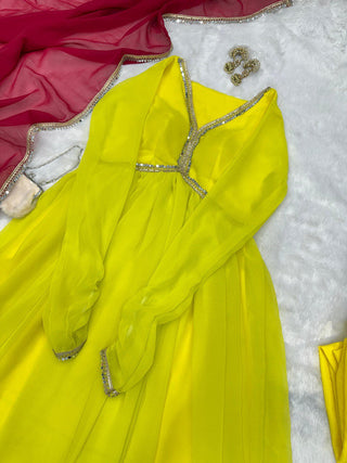 Lemon Yellow Rakhi Special Georgette Anarkali Suit with Real Mirror Lace