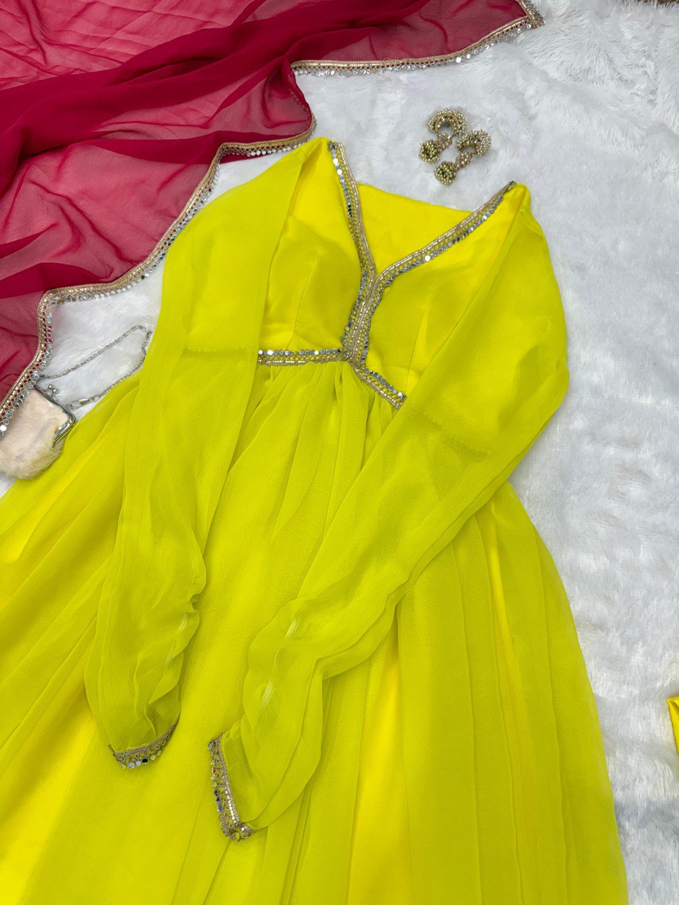 Lemon Yellow Rakhi Special Georgette Anarkali Suit with Real Mirror Lace
