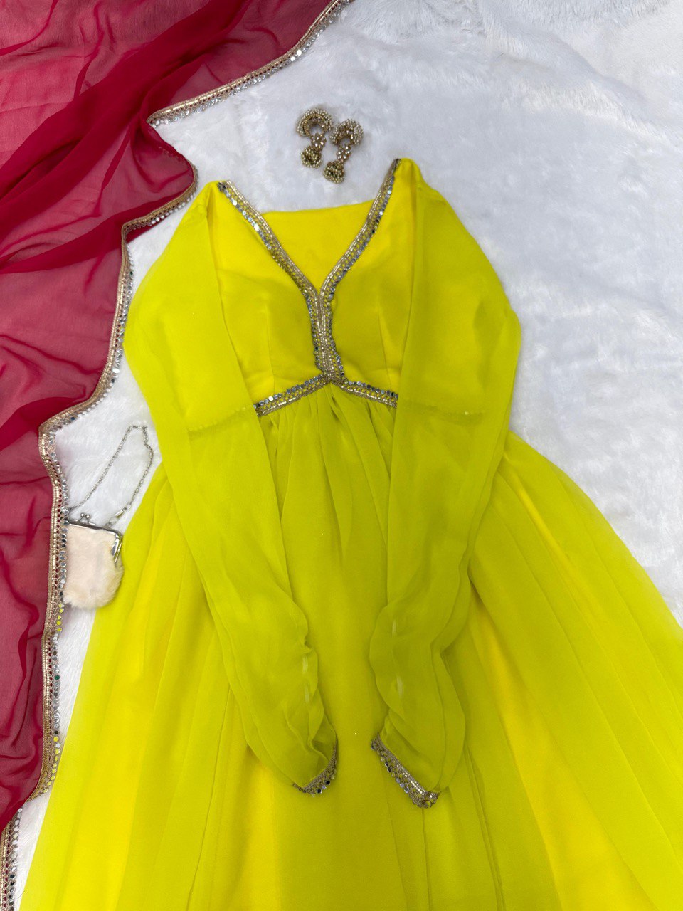 Lemon Yellow Rakhi Special Georgette Anarkali Suit with Real Mirror Lace