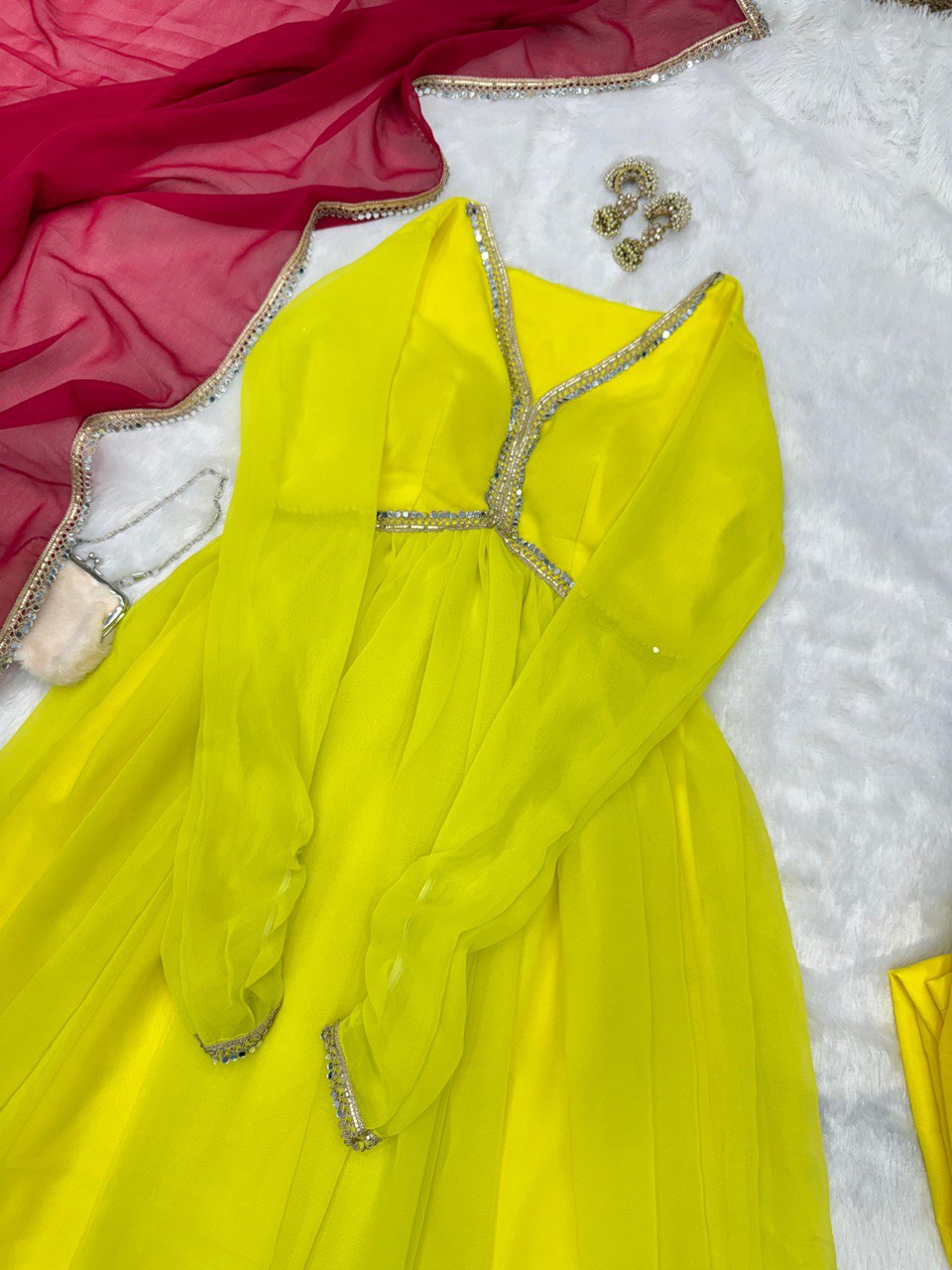 Lemon Yellow Rakhi Special Georgette Anarkali Suit with Real Mirror Lace