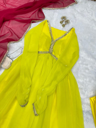 Lemon Yellow Rakhi Special Georgette Anarkali Suit with Real Mirror Lace