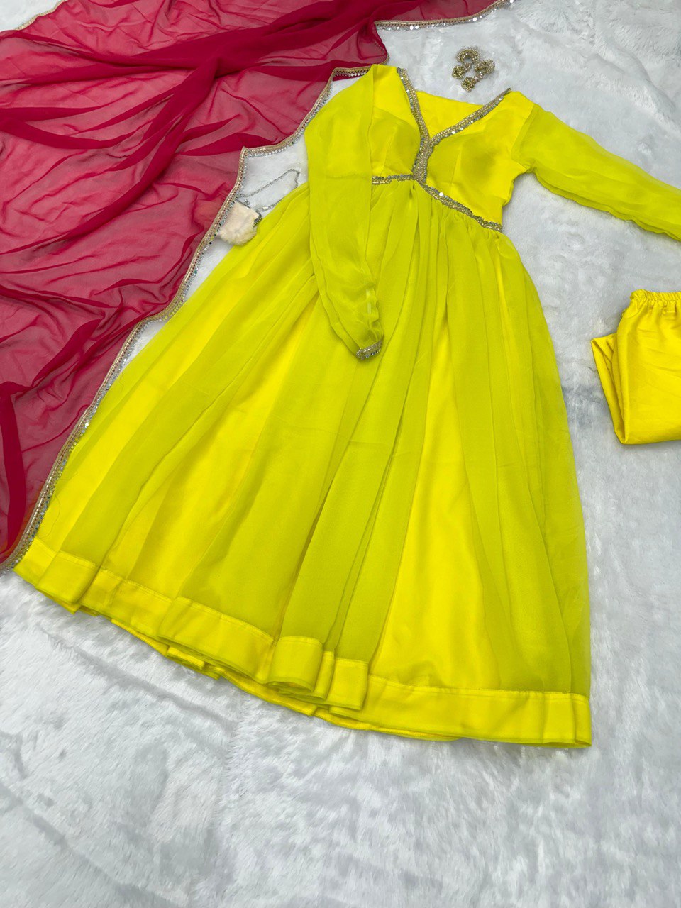 Lemon Yellow Rakhi Special Georgette Anarkali Suit with Real Mirror Lace