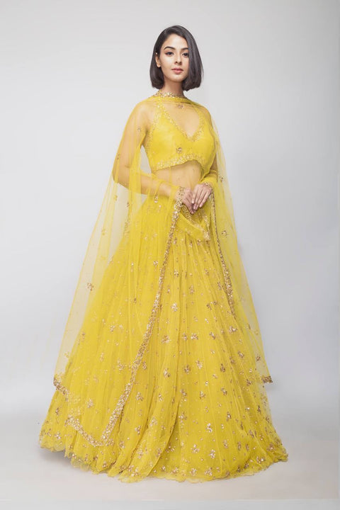 Lemon Yellow Showstopper Double-Layer Net Lehenga ClothsVilla Main image