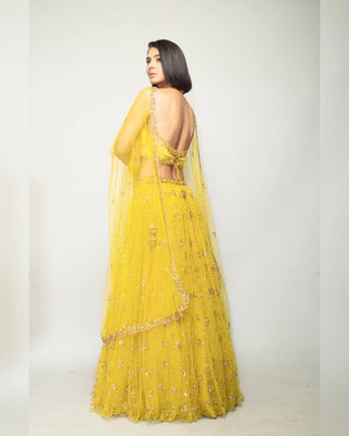 Lemon Yellow Showstopper Double-Layer Net Lehenga ClothsVilla