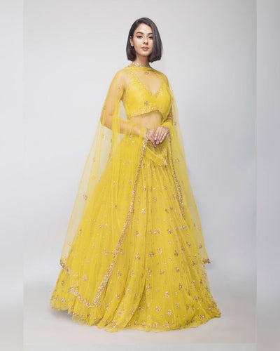 Lemon Yellow Showstopper Double-Layer Net Lehenga ClothsVilla