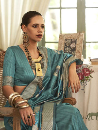 Light Blue Banarasi Silk Blend Saree with Unstitched Blouse Piece ClothsVilla