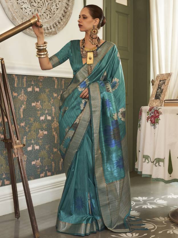 Light Blue Banarasi Silk Blend Saree with Unstitched Blouse Piece ClothsVilla Main image