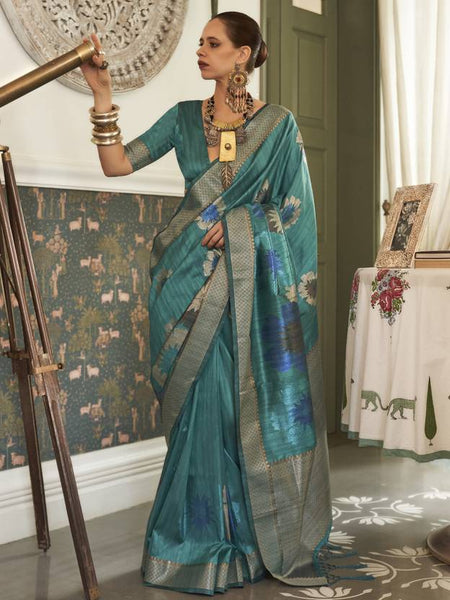 Blue Embellished Banarasi Silk Blend Saree With Unstitched Blouse Piece