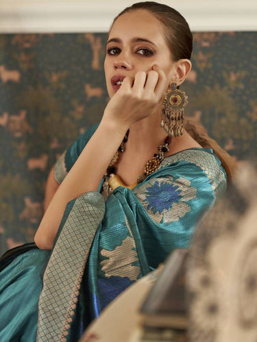 Light Blue Banarasi Silk Blend Saree with Unstitched Blouse Piece ClothsVilla