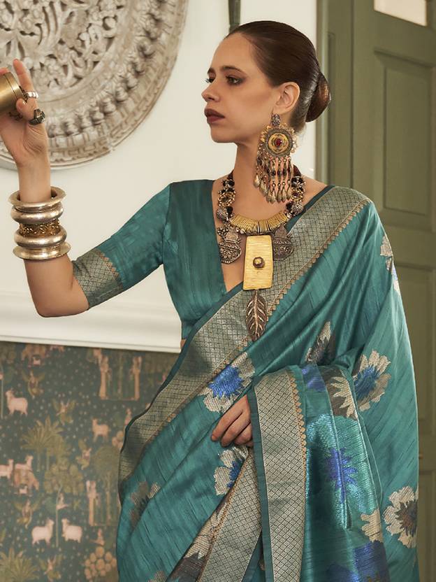 Light Blue Banarasi Silk Blend Saree with Unstitched Blouse Piece ClothsVilla