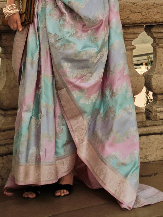 Light Blue Banarasi Woven Satin Silk Blend Saree with Tassels – Unstitched Blouse Piece ClothsVilla