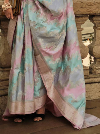 Light Blue Banarasi Woven Satin Silk Blend Saree with Tassels – Unstitched Blouse Piece ClothsVilla