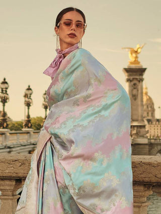 Light Blue Banarasi Woven Satin Silk Blend Saree with Tassels – Unstitched Blouse Piece ClothsVilla