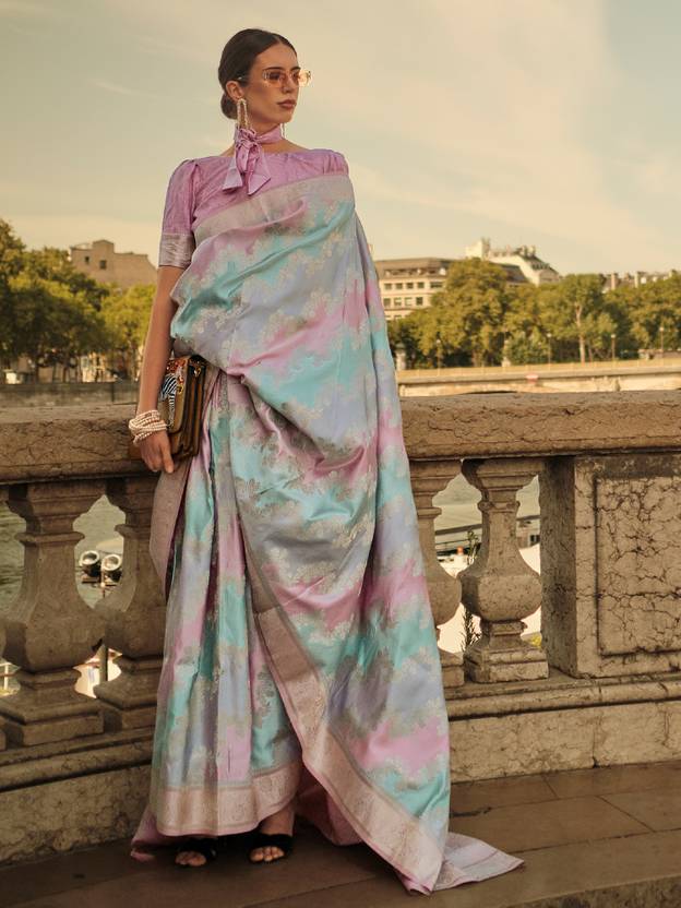 Light Blue Banarasi Woven Satin Silk Blend Saree with Tassels – Unstitched Blouse Piece ClothsVilla