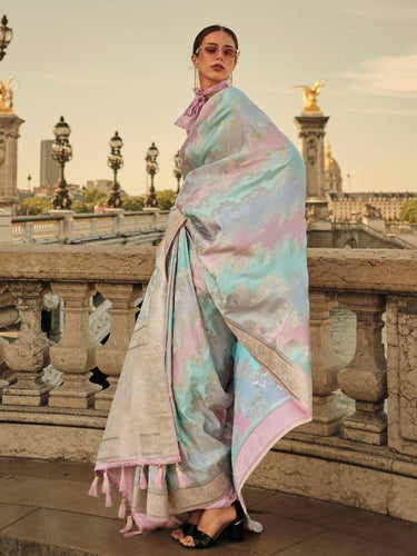 Light Blue Banarasi Woven Satin Silk Blend Saree with Tassels – Unstitched Blouse Piece ClothsVilla