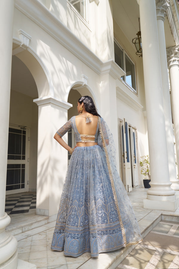 Light Blue Butterfly Net Lehenga with Tone-to-Tone Embroidery