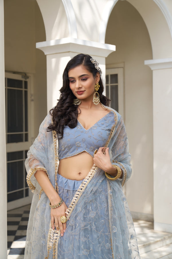 Light Blue Butterfly Net Lehenga with Tone-to-Tone Embroidery