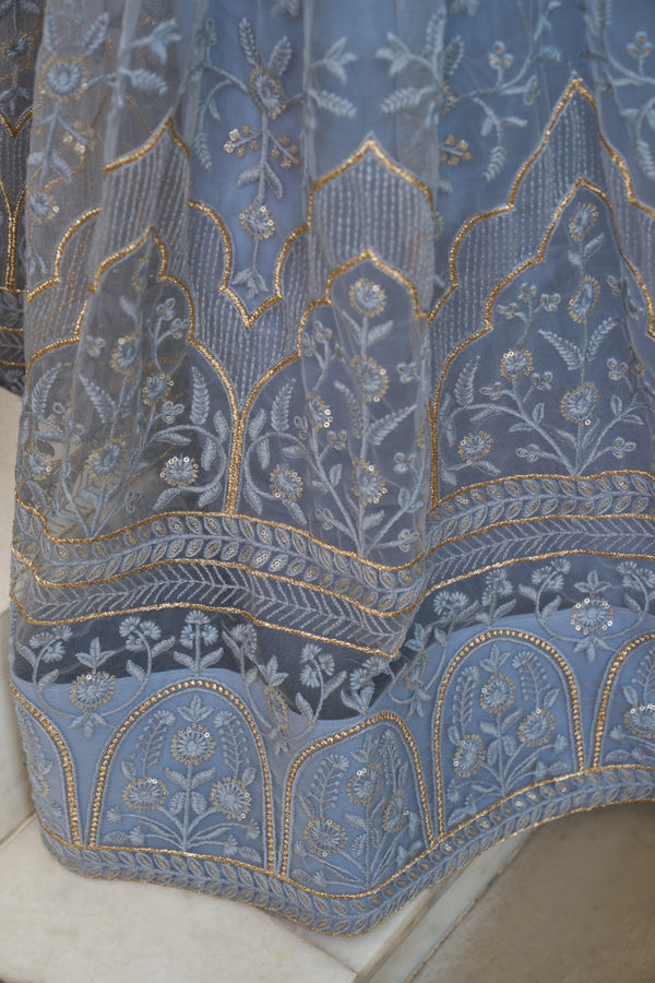 Light Blue Butterfly Net Lehenga with Tone-to-Tone Embroidery