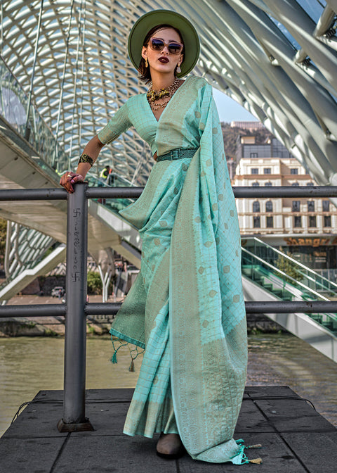Light Blue Elegant Banarasi Blended Silk Saree – Handwoven Heritage for Special Occasions ClothsVilla Main image