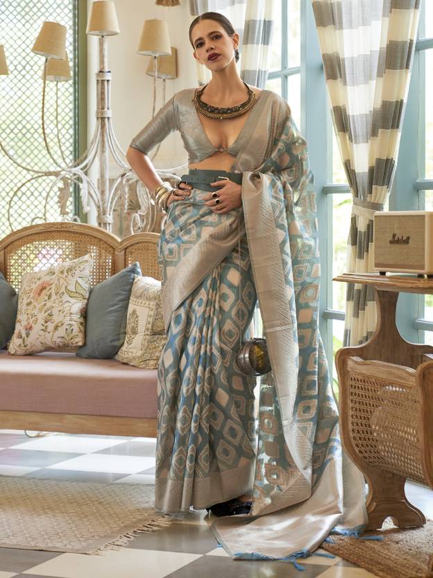 Light Blue Elegant Handloom Organza Woven Bollywood Saree with Unstitched Blouse Piece ClothsVilla
