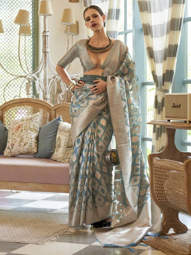 Light Blue Elegant Handloom Organza Woven Bollywood Saree with Unstitched Blouse Piece ClothsVilla