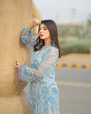 Light Blue Elegant Pure Georgette Digital Print Embroidered Co-Ord Set with Farshi Plazzo & Net Dupatta ClothsVilla