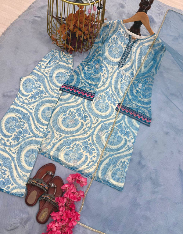 Light Blue Elegant Pure Georgette Digital Print Embroidered Co-Ord Set with Farshi Plazzo & Net Dupatta ClothsVilla