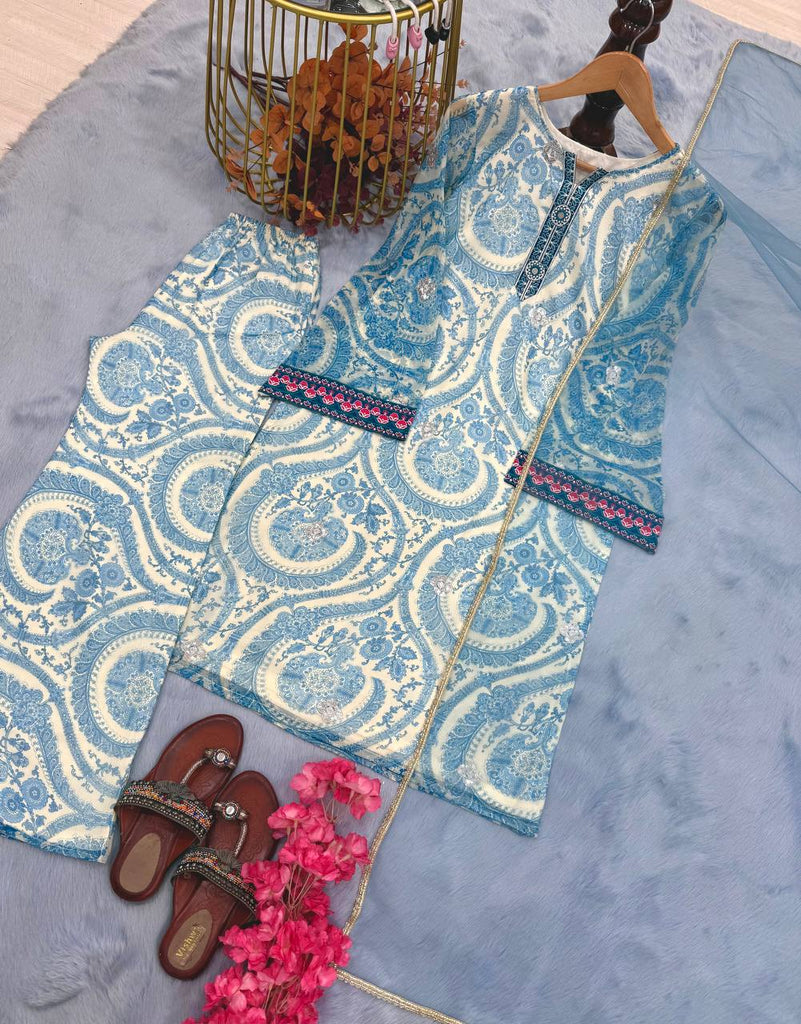 Light Blue Elegant Pure Georgette Digital Print Embroidered Co-Ord Set with Farshi Plazzo & Net Dupatta ClothsVilla