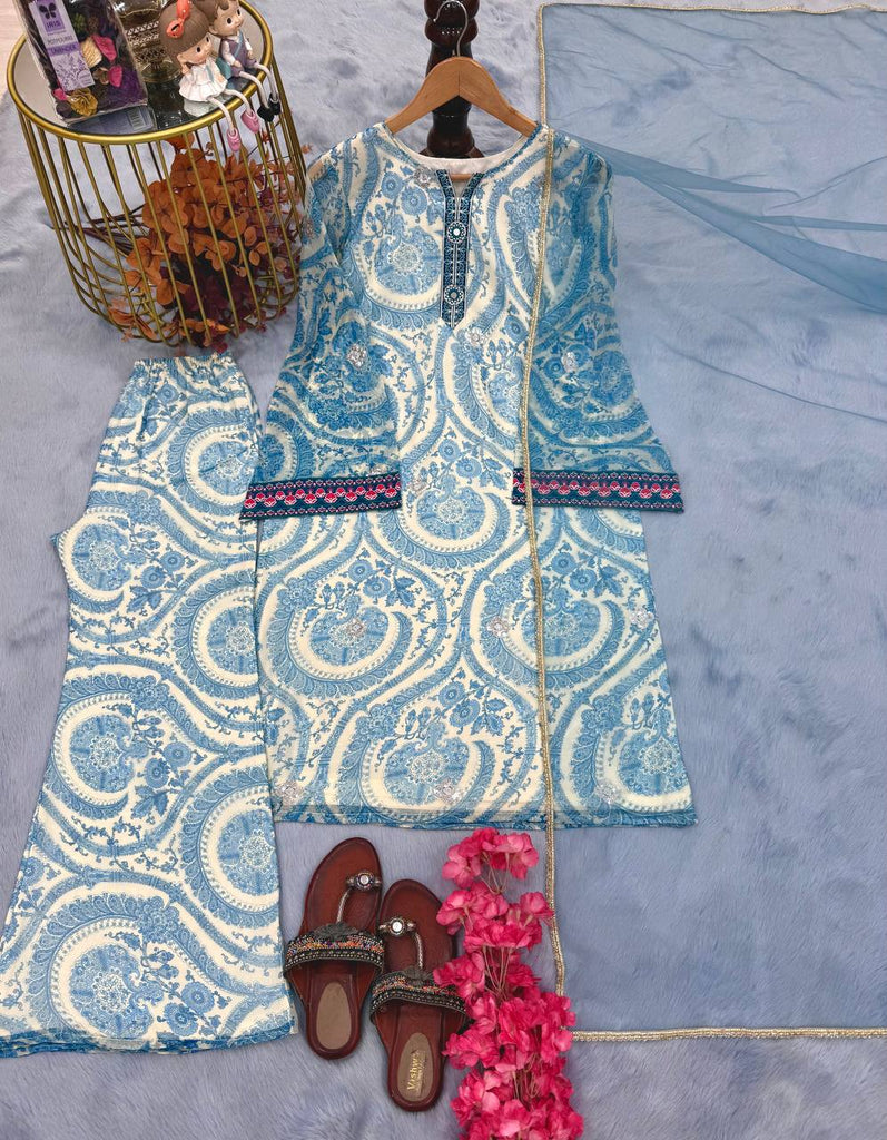 Light Blue Elegant Pure Georgette Digital Print Embroidered Co-Ord Set with Farshi Plazzo & Net Dupatta ClothsVilla