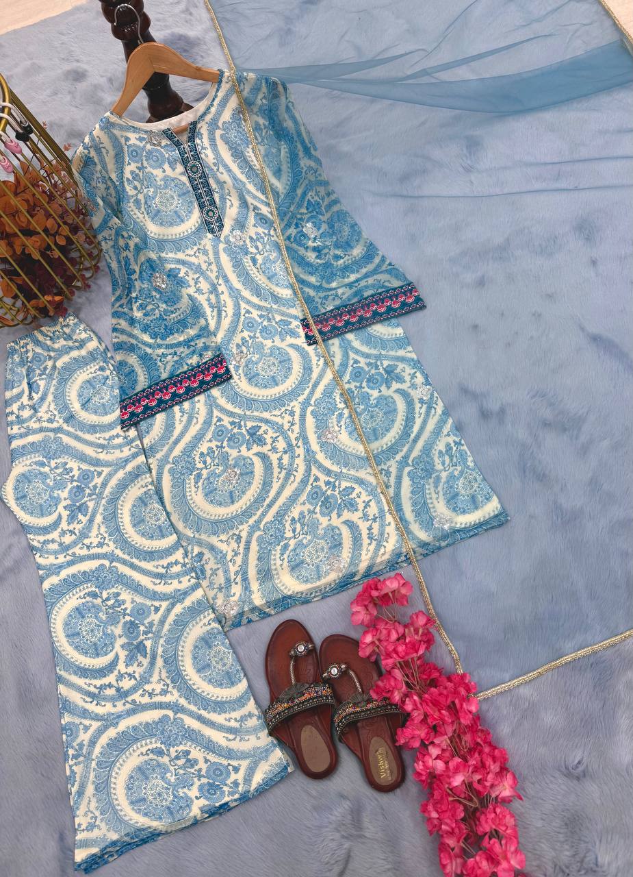 Light Blue Elegant Pure Georgette Digital Print Embroidered Co-Ord Set with Farshi Plazzo & Net Dupatta ClothsVilla