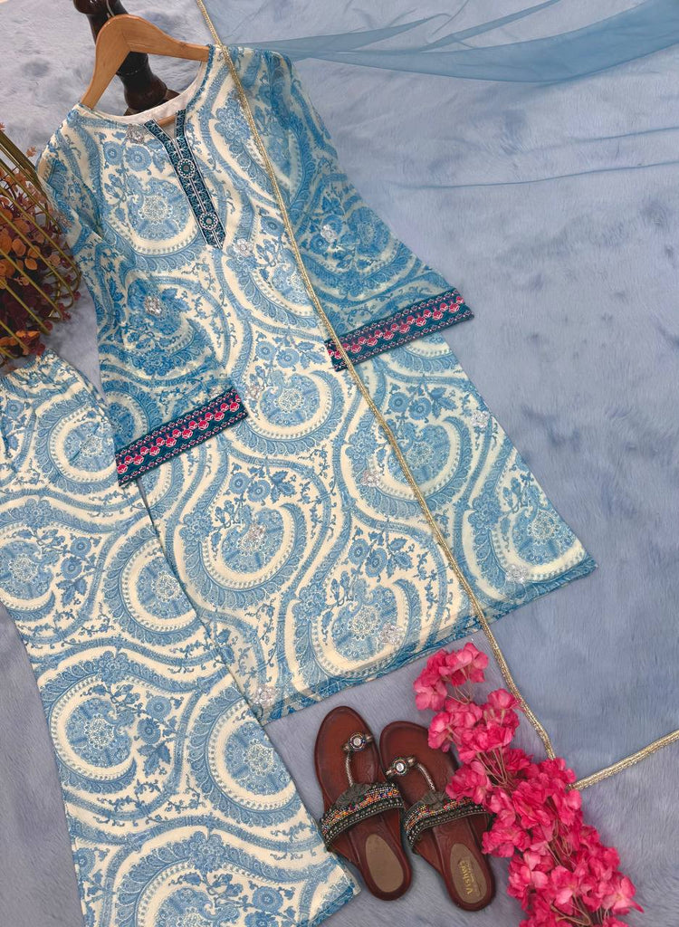 Light Blue Elegant Pure Georgette Digital Print Embroidered Co-Ord Set with Farshi Plazzo & Net Dupatta ClothsVilla