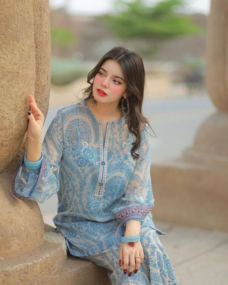 Light Blue Elegant Pure Georgette Digital Print Embroidered Co-Ord Set with Farshi Plazzo & Net Dupatta ClothsVilla