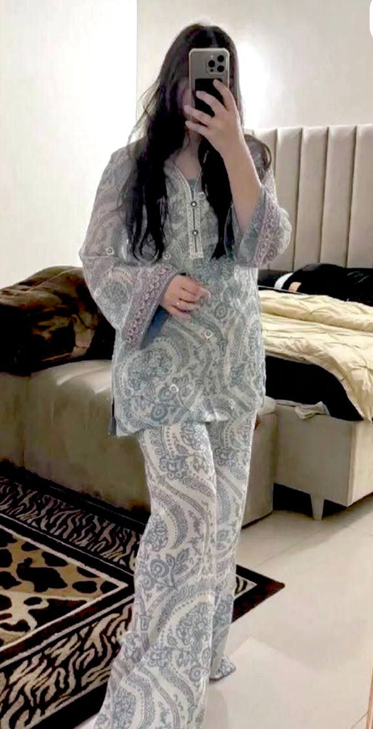 Light Blue Elegant Pure Georgette Digital Print Embroidered Co-Ord Set with Farshi Plazzo & Net Dupatta ClothsVilla