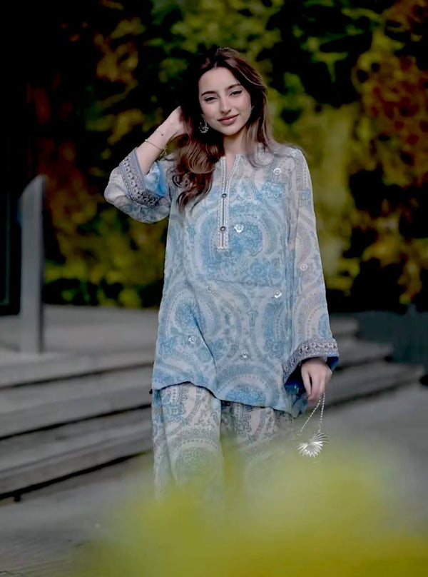 Light Blue Elegant Pure Georgette Digital Print Embroidered Co-Ord Set with Farshi Plazzo & Net Dupatta ClothsVilla