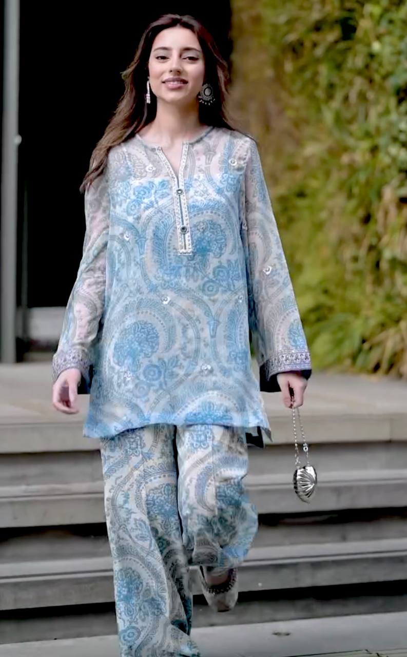 Light Blue Elegant Pure Georgette Digital Print Embroidered Co-Ord Set with Farshi Plazzo & Net Dupatta ClothsVilla