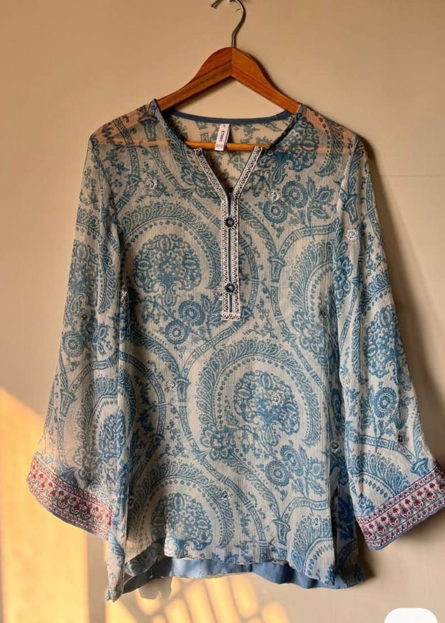 Light Blue Elegant Pure Georgette Digital Print Embroidered Co-Ord Set with Farshi Plazzo & Net Dupatta ClothsVilla