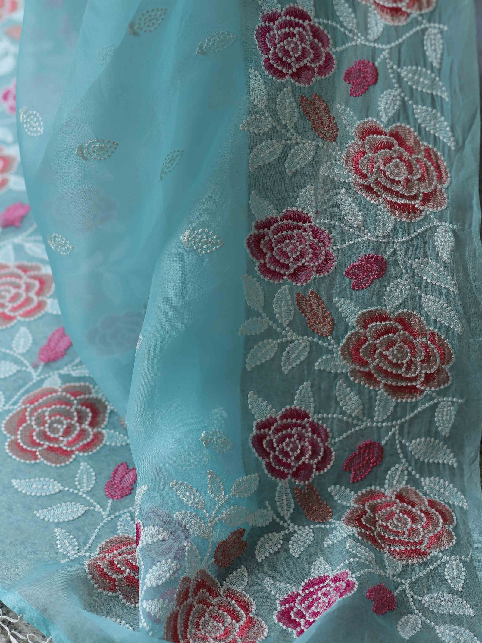 Light Blue Organza Silk Saree with Resham Floral Embroidery ClothsVilla