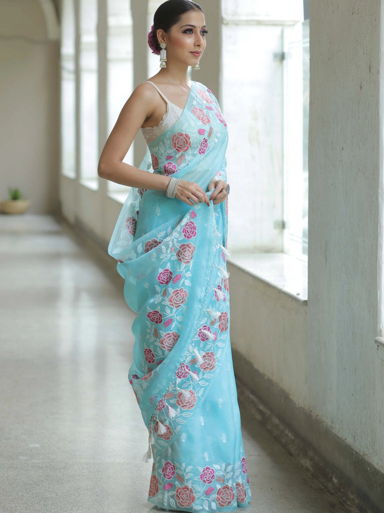 Light Blue Organza Silk Saree with Resham Floral Embroidery ClothsVilla