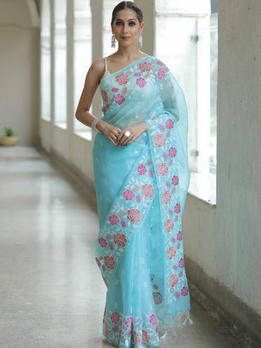 Light Blue Organza Silk Saree with Resham Floral Embroidery ClothsVilla