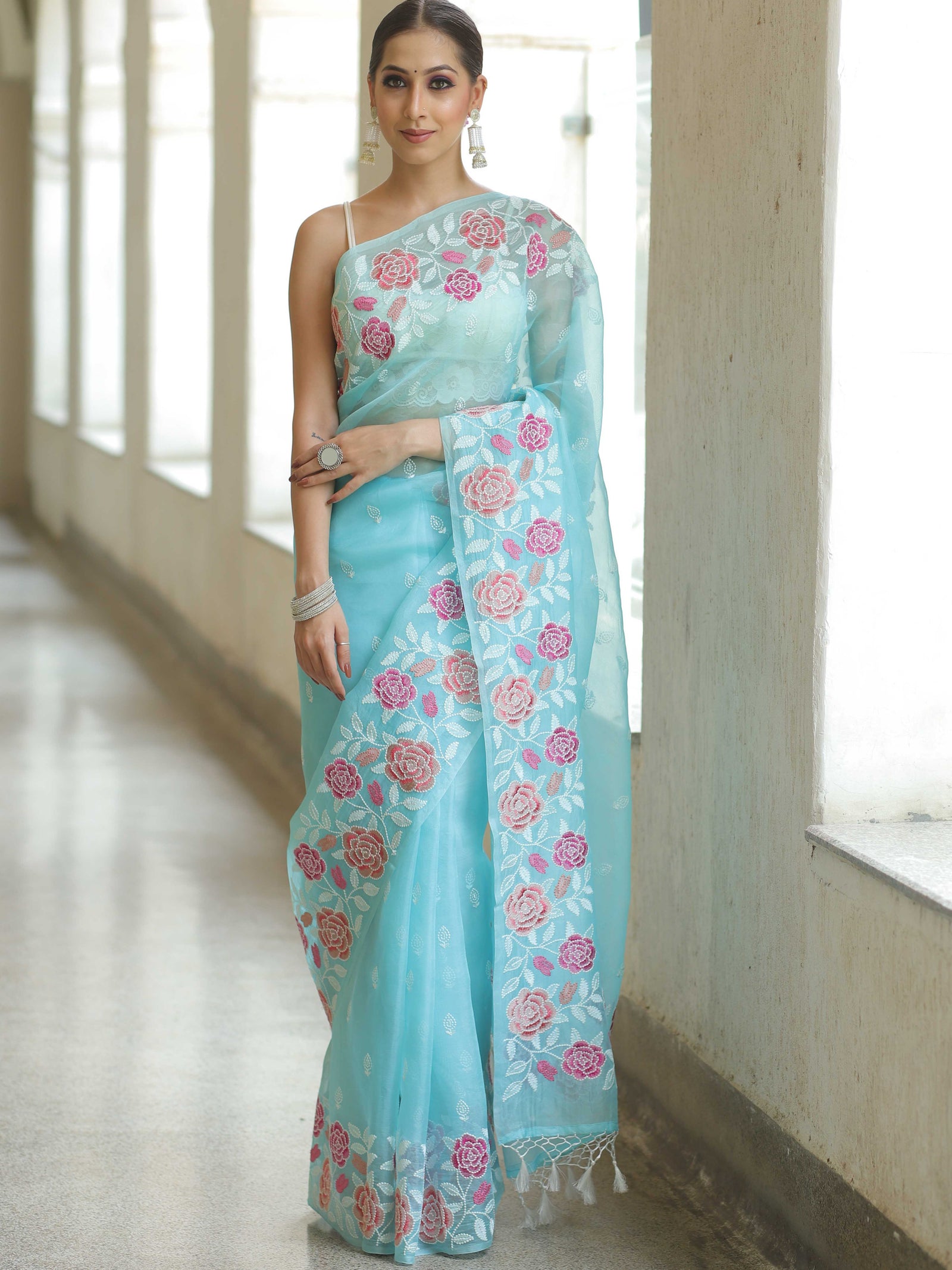 Light Blue Organza Silk Saree with Resham Floral Embroidery ClothsVilla